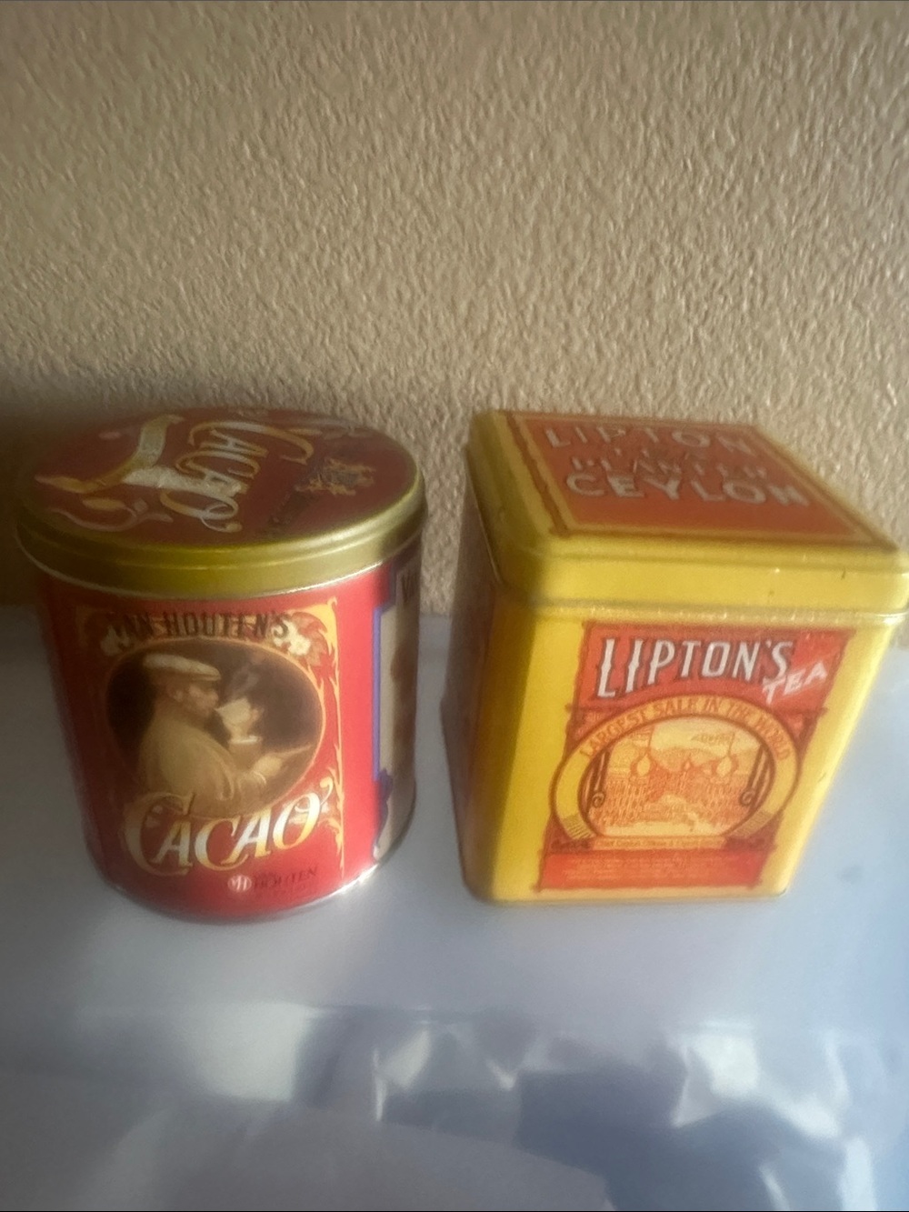 Set of 2 Vintage Decorative Tins-Lipton Tea & Van Houten cocoa